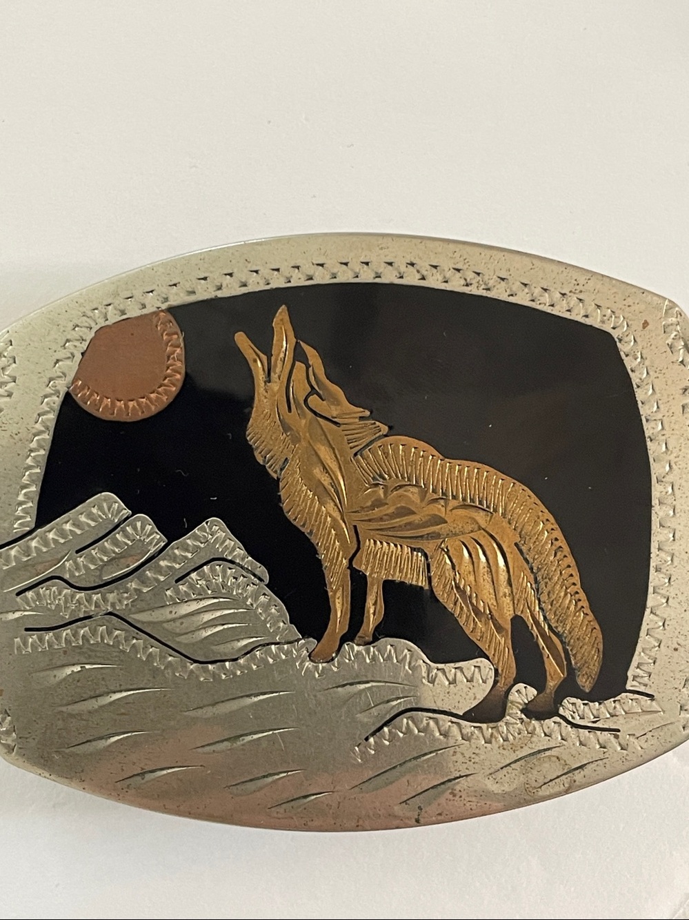 VTG: German Silver Belt Buckle Lone Wolf Moon Night Sky Unisex - Picture 4 of 6